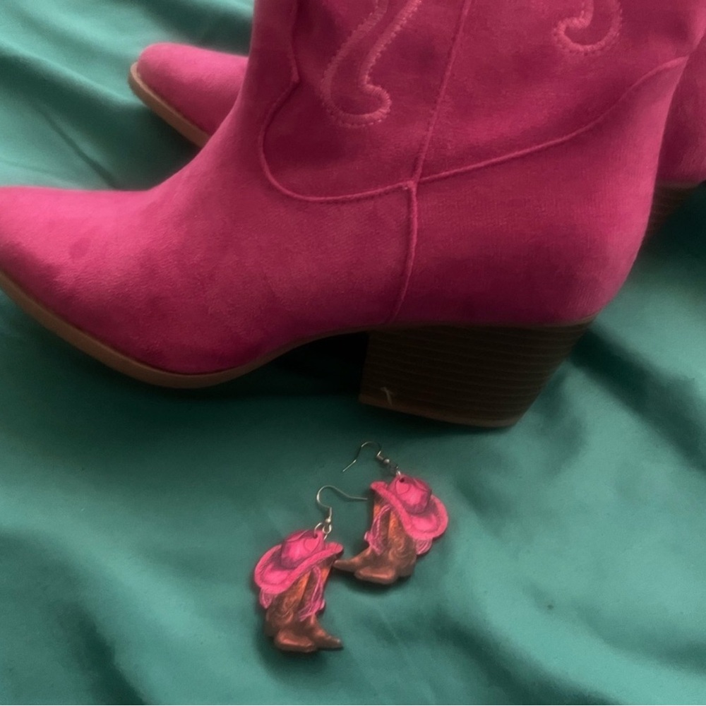 Pink Suede Western Ankle Boots/ with bling pink hat